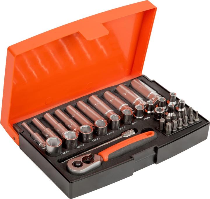 Produktbild Bahco 1/4"-Steckschlüssel-Satz, metrisch, Sechskant inklusive Schraubendreher-Bits -37-teilig (13 mm)