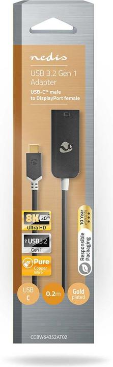 Actual product image Nedis USB Adapter USB 3.2 Gen 1 USB-CT Male DisplayPort Female 0.20 m Round Gold Plated PVC Anthraci (USB-C, 20 cm)