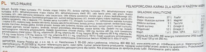 Valori nutrizionali e ingredienti Acana Prateria selvaggia (Junior, Adulto, Senior, 1 pz., 4500 g)