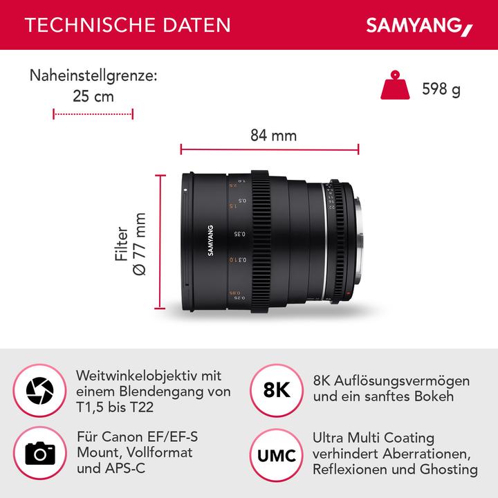 Produktbild Samyang MF 24mm T1,5 VDSLR MK2 Canon EF (Canon EF, Vollformat, APS-C / DX, Micro Four Thirds)