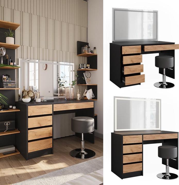 Produktbild Vicco Schminktisch Sherry, Anthrazit/Goldkraft Eiche, 120 x 75 cm mit LED-Spiegel und Hocker (120 x 75 x 55 cm)