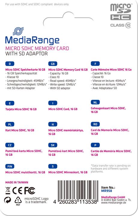 Produktbild MediaRange MR958 memory card MicroSDHC Class 10 (16 GB, microSDHC, U1, UHS-I)