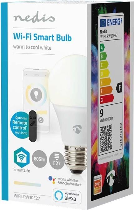 Image du produit Nedis WIFILRW10E27 SmartLife LED Bulb WLAN E27 806 lm 9 W warm to cool white 2700 - 6500 K Classe énergie (E27, 9 W, 806 lm, 1 x, F)
