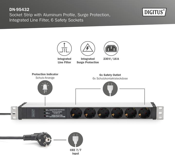 Image du produit Digitus Multiprise avec profilé en aluminium, protection contre la surcharge et filtre secteur intégrés, 6 p (6 x, CEE 7/3, 2 m)