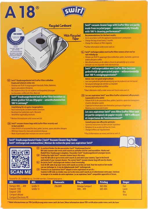 Actual product image Swirl Staubsaugerbeutel A18 MicroPor Plus für AEG Staubsauger