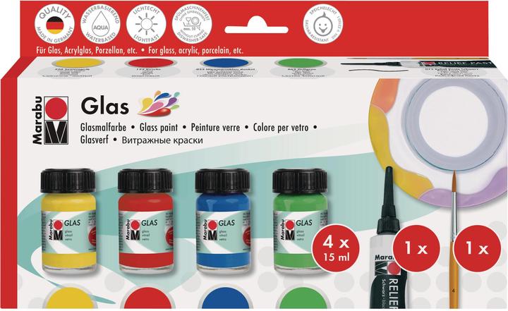Marabu Glasmalfarbe Starterset (Rot, Hellgrün, Gelb, Blau, 60 ml)