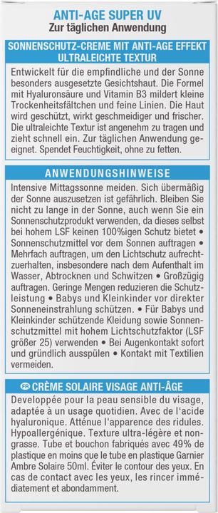 Produktbild Garnier Ambre Solaire Super UV (Sonnencreme Gesicht, SPF 50+, 50 ml, 70 g)
