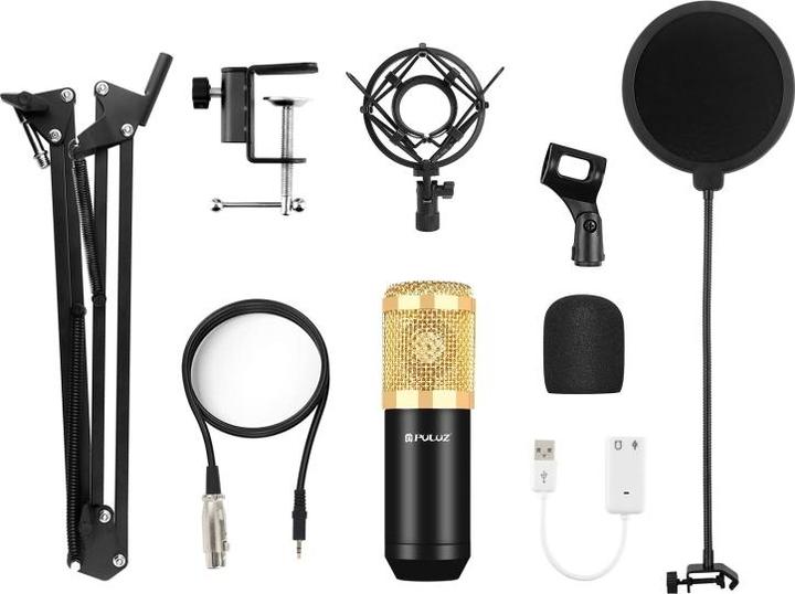 Image du produit Puluz Kit Microphone Studio Broadcast avec bras ciseaux, support métal et carte son USB (Or)