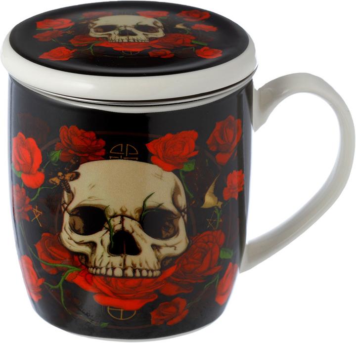 Actual product image Puckator Skulls & Roses Porcelain Skull Cup with Tea Egg and Lid