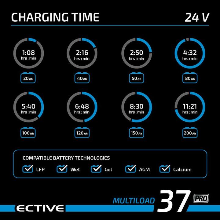 Immagine prodotto Ective Caricabatterie Multiload PRO 12V 37A e 24V 18A per batterie gel AGM LiFePO4 (12V, 18.75 A)