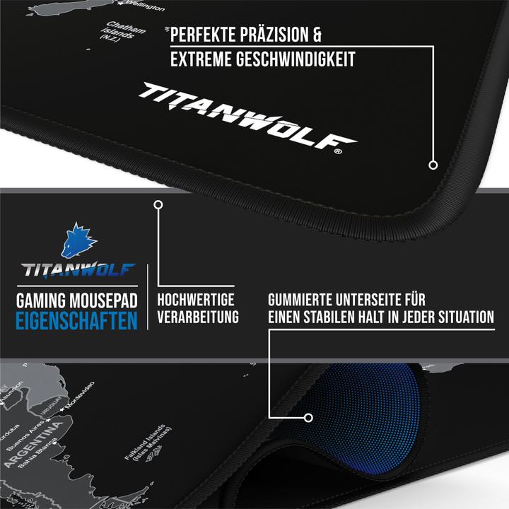 Produktbild Titanwolf Gaming Mauspad XXL, glattes Stoffgewebe, Speed Mausmatte 900 x 400mm grosse Fläche, Weltkarte Global (XXL)