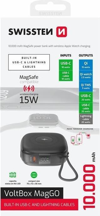 Produktbild Swissten Power Bank Voltbox Maggo 10000 Mah with Built-In Cables + Magsafe + Apple Watch (10000 mAh, 20 W, 20 Wh)