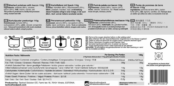 Valeurs nutritives et ingrédients Tactical Foodpack Pommes de terre bouillies et bacon (110 g)