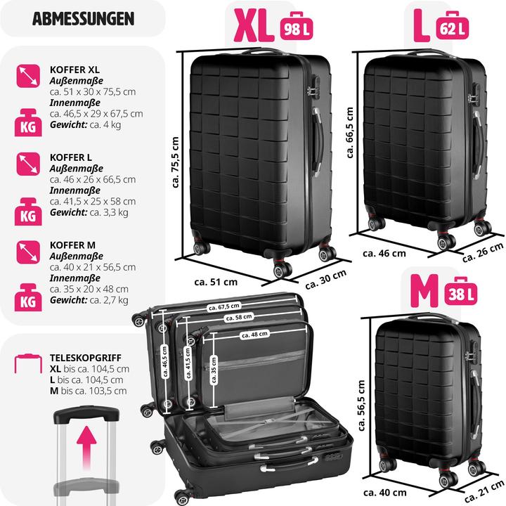 Image du produit tectake Jeu de 3 trolleys (98 l, M (50 - 90l), L (90 - 115l))