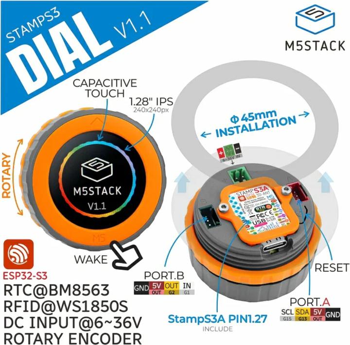 Immagine prodotto M5Stack Dial V1.1 ESP32-S3 Intelligenter Drehknopf mit 1.28 Zoll Touchscreen
