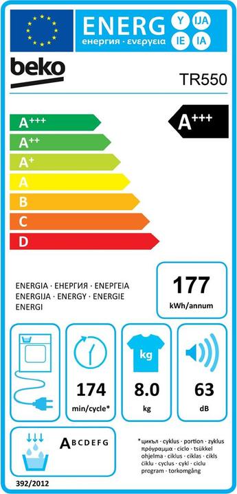 Etichetta energetica Beko Asciugatrice TR550 destra/reversibile (8 kg, Modificabile, A destra)