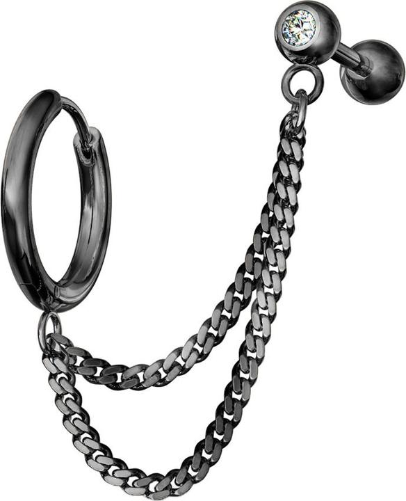 Star Piercing Ohrring schwarz Doppelkette Micro Barbell mit Kugel und Kristall (Chrirugenstahl 316L)