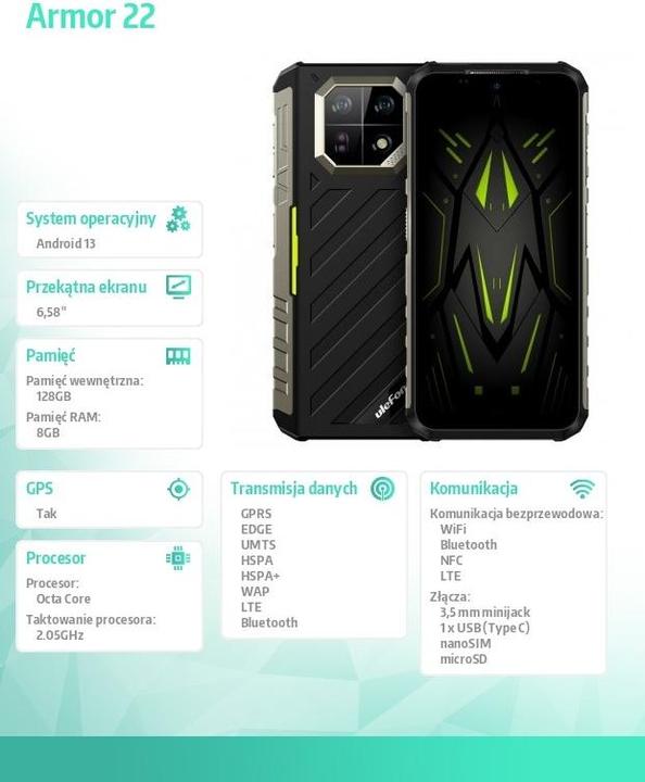 Produktbild Ulefone Armor 22 (128 GB, Some Green, 6.58", Dual SIM, 64 Mpx, 4G)