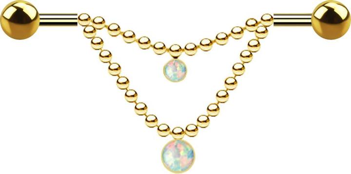Image du produit Star Piercing Barbell plaqué or deux boules deux chaînes opale blanche (Acier chirurgical 316L, sans laiton)