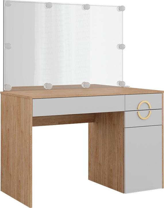 Tiroirs : blanc, Poignées : Or, Mat, Miroir : Blanc, LED : Blanc, Corps : Natural Rockford Hickory, Planche d'insertion, Façades