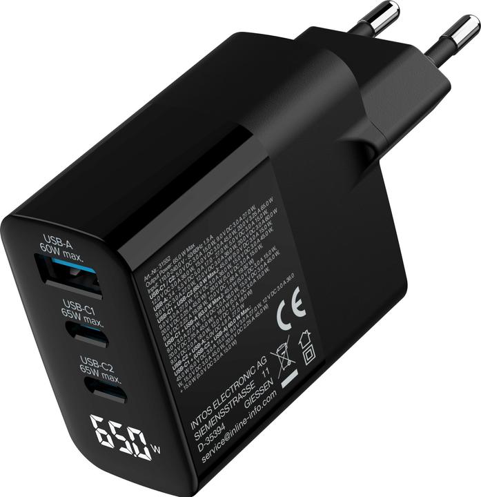 Actual product image InLine USB PD power supply, GaN charger, 3-port, USB-C + USB-A, 65W, with display, black (65 W)