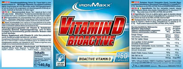 Valeurs nutritives et ingrédients IronMaxx Vitamine D bioactive (150 pièce(s), Capsules, 500 g)