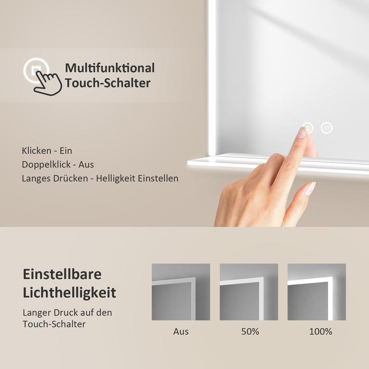 Produktbild Emke Badspiegel mit Beleuchtung 50*70cm, Beschlagfrei, Kaltweiss6500Kund Dimmbar, Glasablage (80 x 60 cm)
