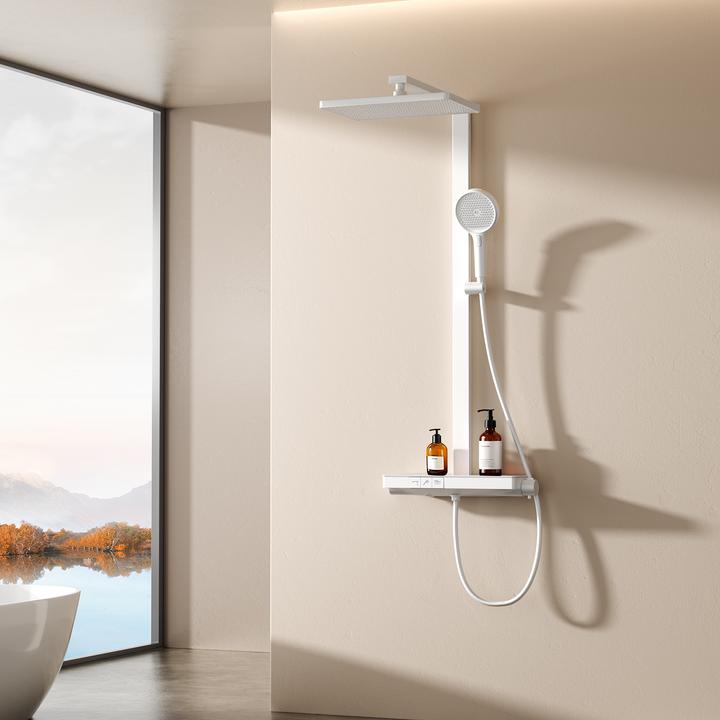 Emke Duschsystem Mit Thermostat, Handbrause + Regendusche(3 StrahlstäRken) + Unterer Auslass, mattweiss