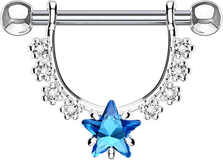 Produktbild Star Piercing Barbell silber Kristall halbbogen mit Sternkristall aqua (ohne Messing, Chirurgenstahl 316L)