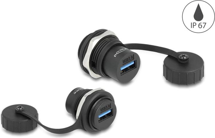 Delock USB 3.2 Gen 1 Typ-A Einbaubuchse mit Verschlusskappe IP67 staub- und wasserdicht