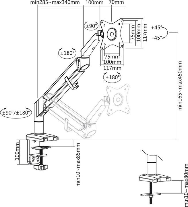 Actual product image Ergo Office Black Monitor Desk Mount, Gas Spring, 17"-32", 9kg, ER-405B (Table, 32.01")