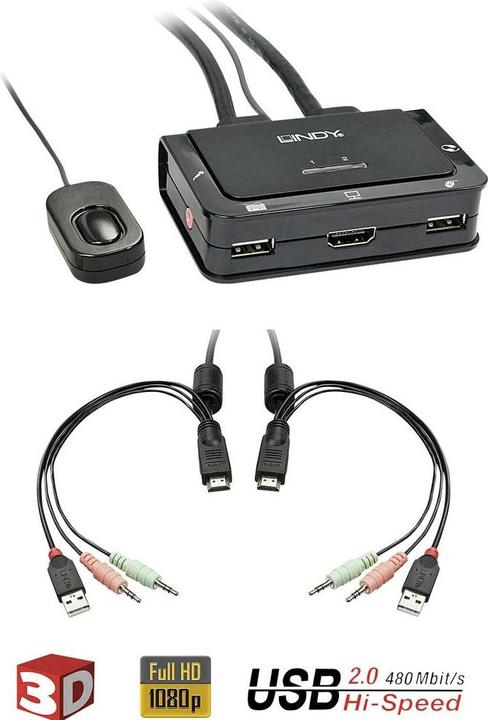 Image du produit Lindy Commutateur KVM HDMI 2 ports USB 2.0 Compact. HDMI 3D et USB 2.0 compliant Audio et Mic