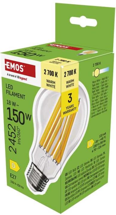Produktbild Emos LED Lampe Filament A70 / E27 / 18 W (150 W) / 2452 lm / Warmweiss (E27, 18 W, 2452 lm, 1 x, D)