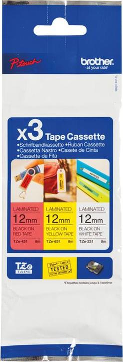 Produktbild Brother Multipack TZe-31M3 (1.20 cm, Gelb, Rot, Schwarz, Weiss)