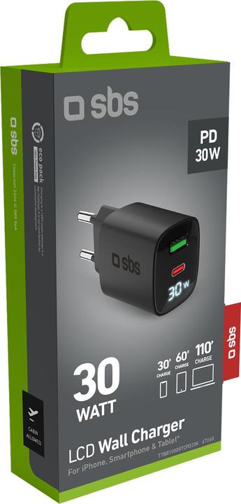 Immagine prodotto SBS Caricatore da viaggio PD 30W USB-C/18W USB LCD GaN nero (30 W)