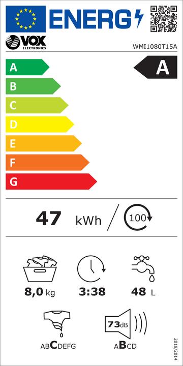 Energie-Label Vox Waschmaschine WMI 1080-T15A (A, 8 kg, 1000 o/min, 15 Stück, Inverter) (8 kg, Links)