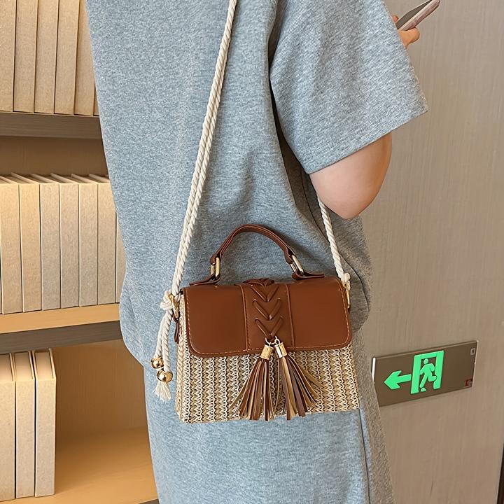 Actual product image Only-Bags.Store Tassel Decor Straw Woven Handbags, Mini Rope Strap Crossbody Beach Bag, Women Top Handle
