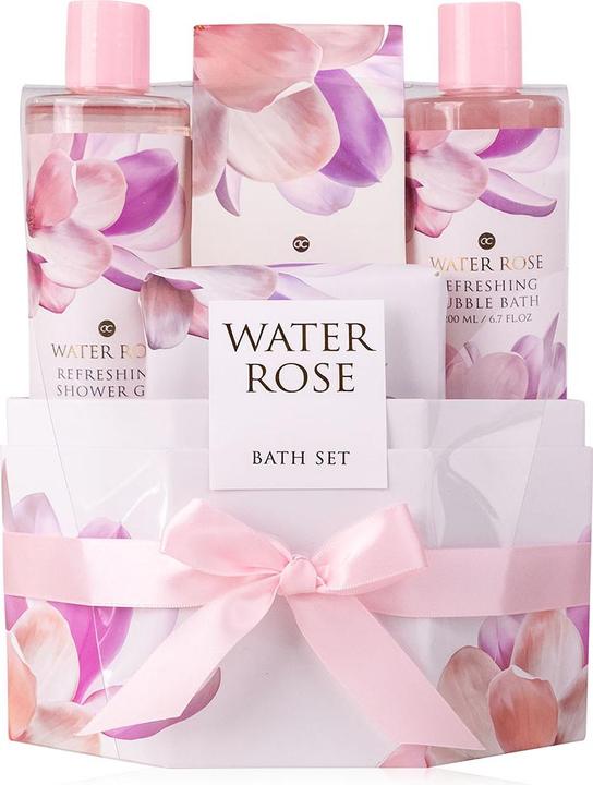 Produktbild Accentra Badeset WATER ROSE in Geschenkbox, inkl. 200ml Duschgel, 200ml Schaumbad, 100g Seife, 100g Badesalz (Haarpflege set)