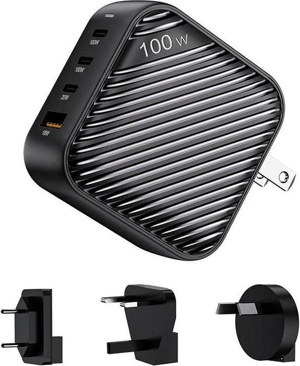 Produktbild Invzi GanHub 3x USB-C + USB wall charger, 100W, EU/UK/AU/US (black) (100 W)