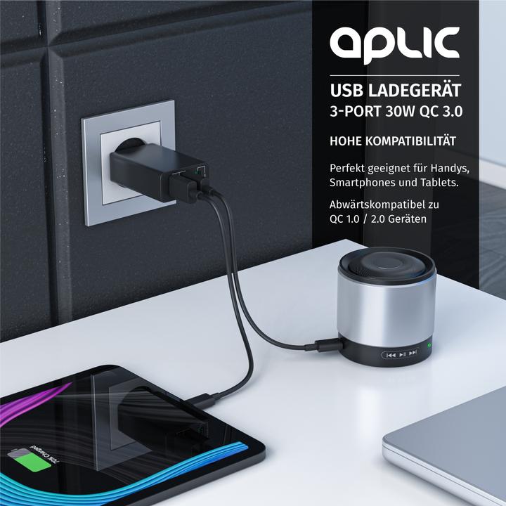 Image du produit Aplic Chargeur USB 3000 mA, 3 ports d'alimentation, Quick Charge 3.0, 2x port USB + 1x port QC 3.0, noir