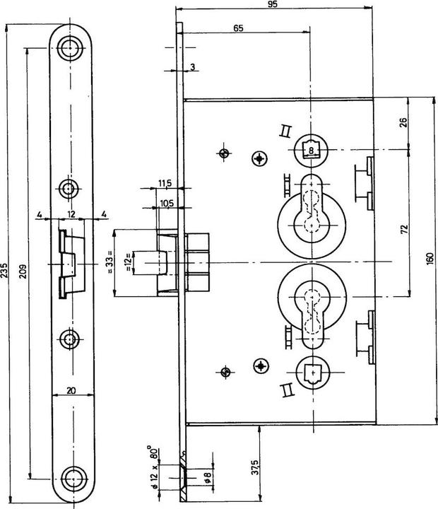 Actual product image Bever Mortice lock for metal doors left/right, PZ72, butt
