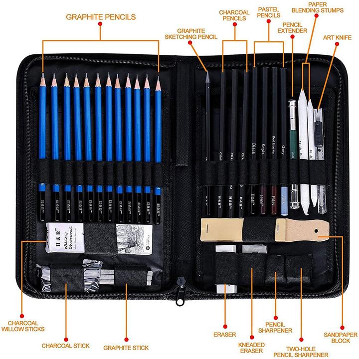 Image du produit I Am Creative Professionelles Skizzen Zubehör Set, Kohlenstifte / Bleistifte + Tasche 40-teilig (Noir, 40 x)