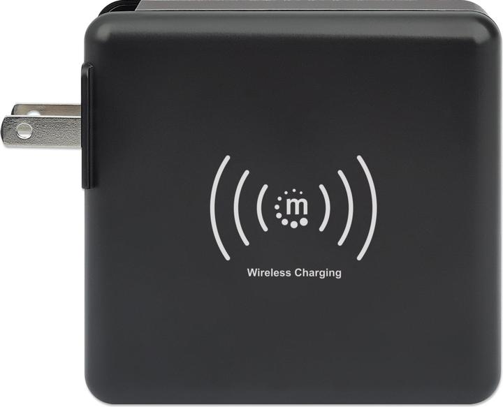 Actual product image Manhattan 4-in-1 Travel Charger and Powerbank 8,000 mAh One 5 W wireless induction charging pad, two 12 W USB (8000 mAh, 5 W, 29.60 Wh)