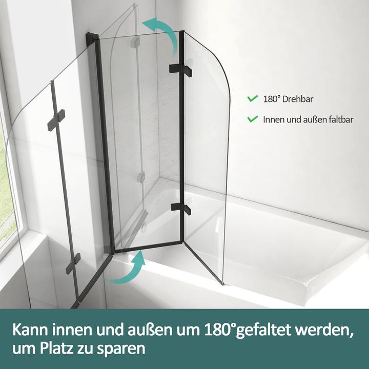 Produktbild Emke Duschwand für Badewanne 110x140cm Glas-Duschwand, 2-teilig Faltbar, Leicht zu Reinigen, Schwarz (110 cm, 110 cm, 140 cm)