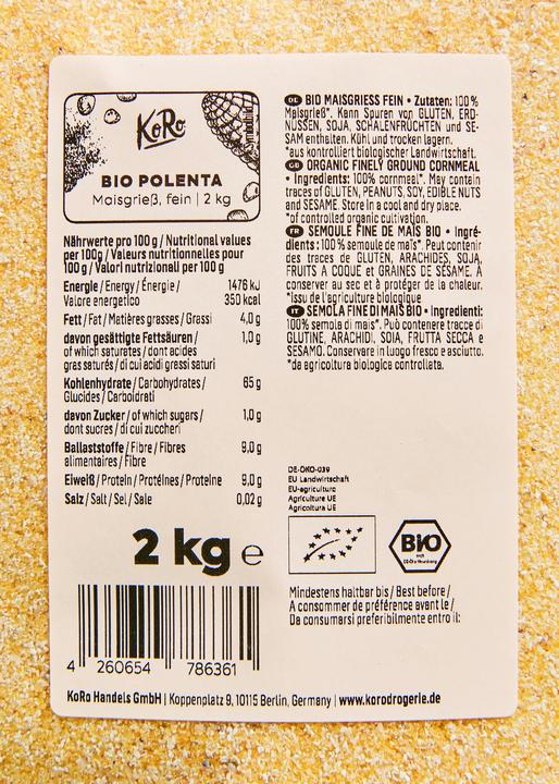 Valeurs nutritives et ingrédients KoRo Semoule de maïs bio fine (2000 g)