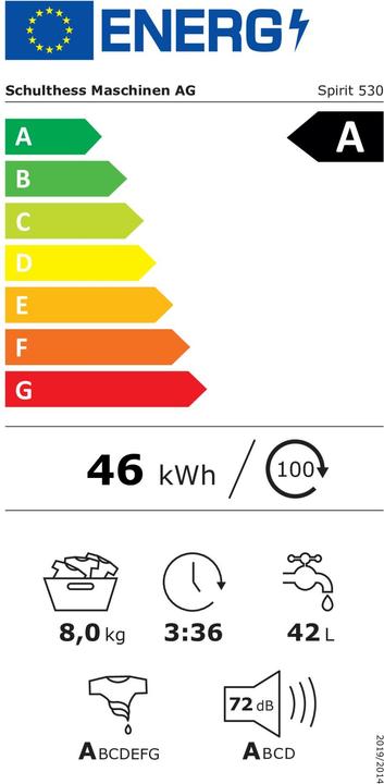 Energie-Label Schulthess Waschmaschine Spirit 530, Füllmenge 1-8 kg, Energy Label A, Türbandung links, Aquastop, Solid G (8 kg, Links)