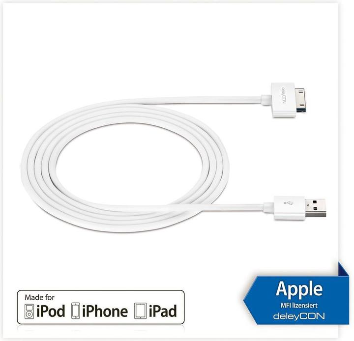 Actual product image deleyCON 30Pin Dock-USB cable 2m, white (2 m, USB 2.0)