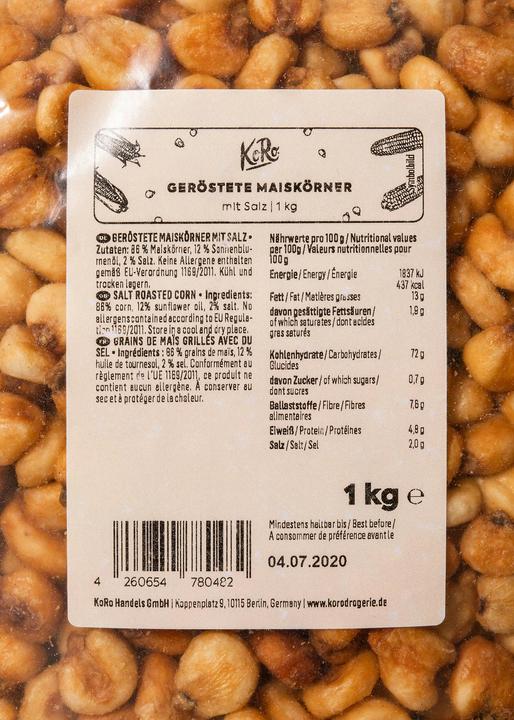 Valeurs nutritives et ingrédients KoRo Gerösteter Mais mit Salz (1000 g)