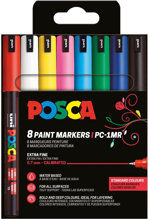 Produktbild Posca Marker UNI PC-1MR 8er Set Basic (Gelb, Grün, Weiss, Rot, Hellblau, Schwarz, Blau, Pink, 0.70 mm, 8 x)