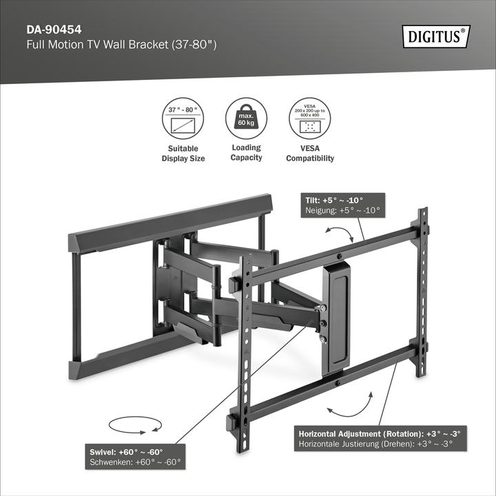 Produktbild Digitus Wandhalterung 600x400 -60kg 37-80"/full motion/neig/schwenk (Wand, 80", 60 kg)
